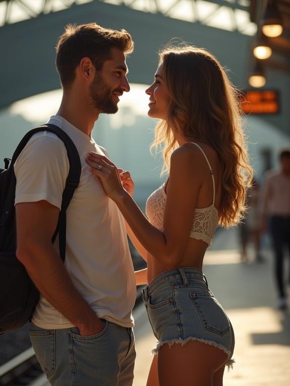 couple interacting at a train station. Woman in cheeky short booty shorts talks to boyfriend. Warm sunset light illuminates the scene.