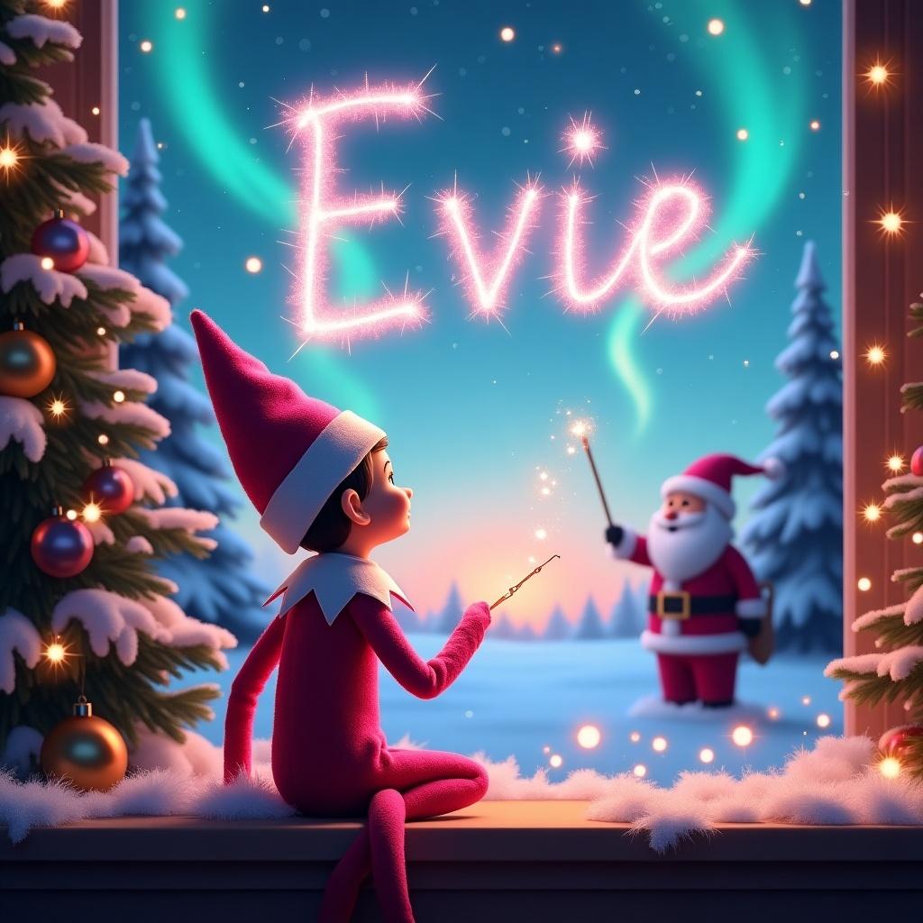 A whimsical scene featuring a pink elf on the shelf. The elf is sitting with his back to the viewer, facing a vibrant sky. He is using a magical wand to write the name 'Evie' in sparkling letters in the sky. The background showcases a beautiful Christmas setting with glittering northern lights, towering pine trees adorned with ornaments, and a glimpse of Santa. The atmosphere is enchanting and festive, perfect for the holiday season.