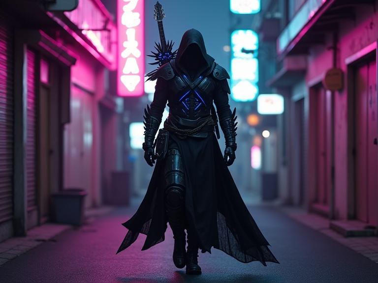 Futuristic warrior assassin walks through deserted Japanese alleyway. Black armor with glowing blue lines. Flowing black cloak. Spiky black electric guitar on shoulder. Alley illuminated by pink and purple neon lights. Camera follows from low angle.