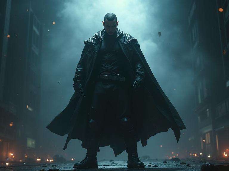 A dark and cyber-themed scene featuring a full-body shot of a character in a dramatic pose. The character wears a long coat and stands against a moody, industrial background. The lighting is cinematic and enhances the atmosphere.