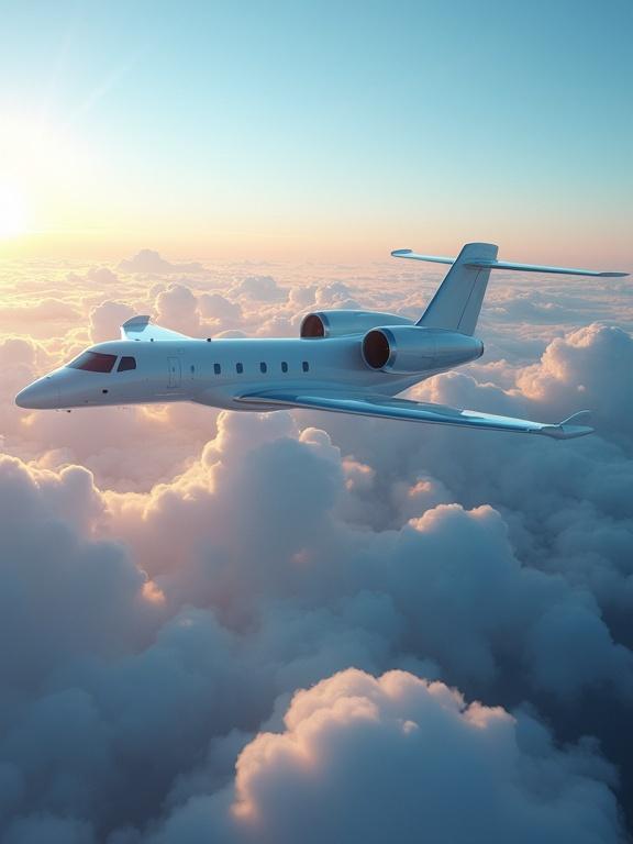 Ultra modern semi futuristic small plane in flight over ocean above clouds during sunrise.