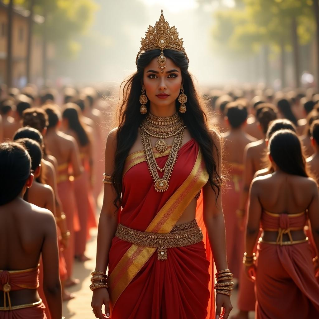 A strong and confident queen in a red and golden sari surrounded by respectful subjects in a sunny setting.