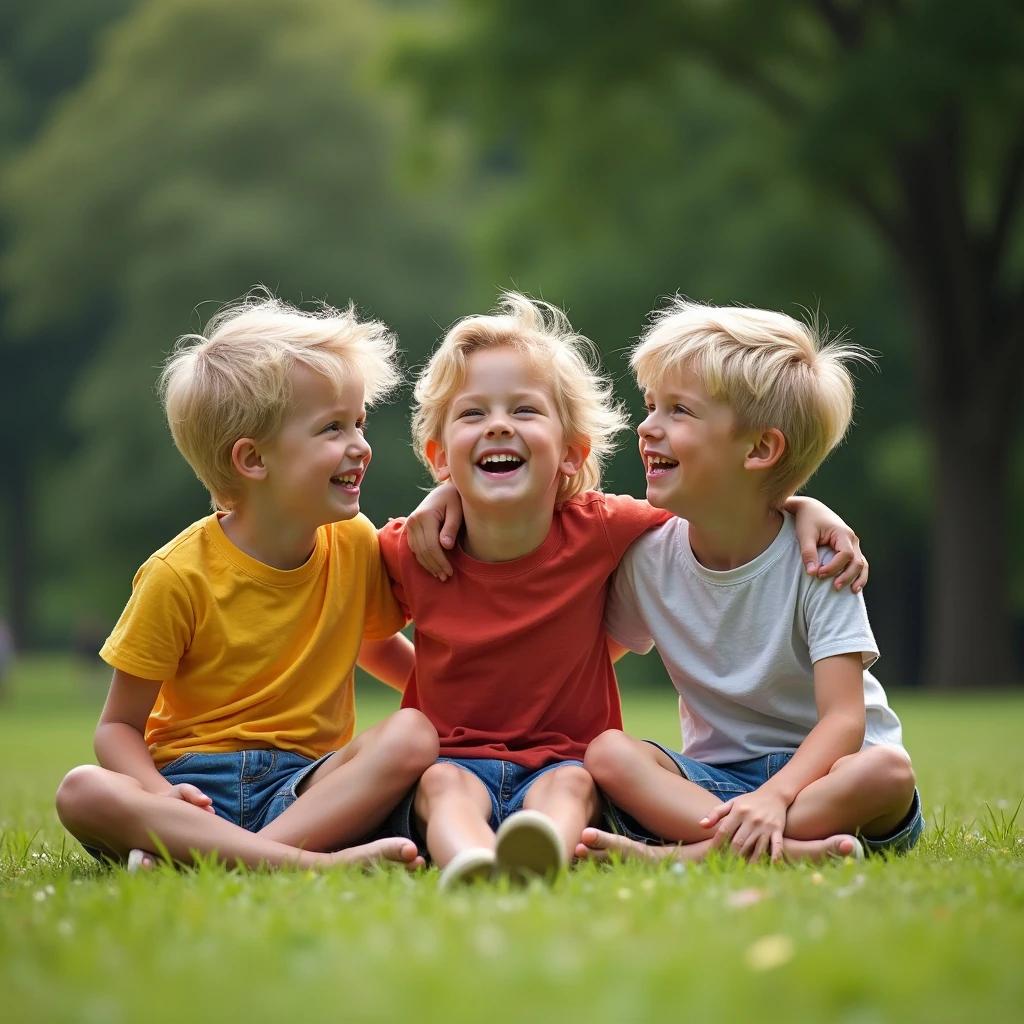 Three blond boys sit on grass. They look friendly and happy. They wear colorful t-shirts. One boy is in yellow. Another boy is in orange. The last boy is in white. They are laughing and making jokes. The background is a soft green with trees.