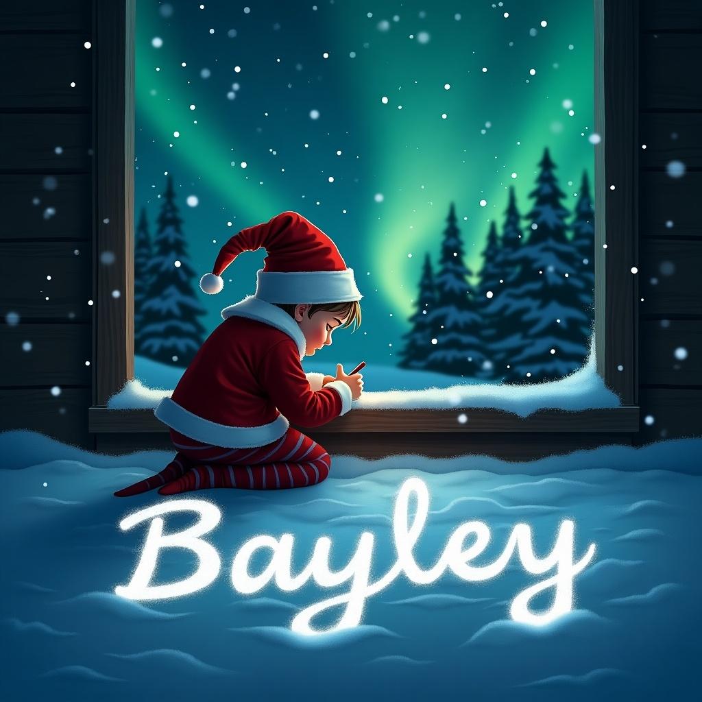 Elf on the shelf interacts with snow. Name Bayley written in cursive. Northern lights illuminate the scene. Magical atmosphere of Christmas.