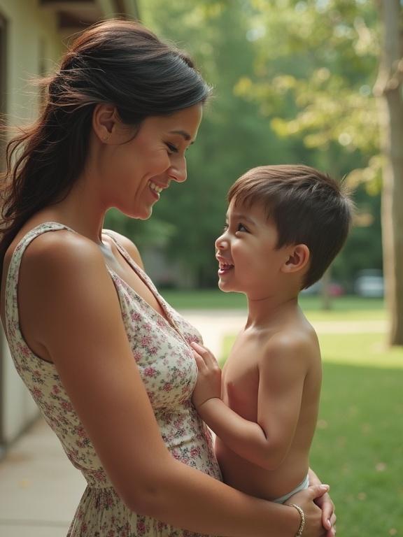 Woman in a sundress meeting a boy at a foster home. They are smiling and talking. The photo has a low-resolution and over-saturated look, giving it a vintage aesthetic.