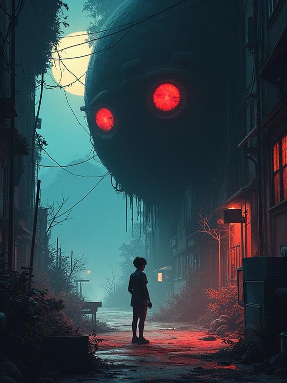 Create a fantasy-themed design combining three narratives. Show Shinji, a young man in Tokyo facing debt and shadows from Hayakomi. Illustrate the broken spaceship Cassiopeia on planet Tau City F where its crew meets an alien mimic. Capture Bail and Jean uncovering ancient Tor ruins in a surreal landscape. Include text '3 Must-Play Indie Sci-Fi Horror Games in 30s!' with emphasis on 'Sci-Fi Horror' highlighted.