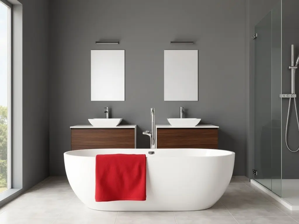 The image features a modern bathroom design with a stylish, freestanding bathtub in the foreground. A bright red towel is draped over the edge of the bathtub, adding a pop of color to the mostly neutral palette. The wall is painted a muted gray, which complements the light-colored tiled floor. Above a sleek wooden vanity, there are two white sinks with modern fixtures, and two mirrors that reflect the room’s lighting. To the side of the bathtub, there is a transparent shower enclosure with a chrome shower fixture visible. The overall aesthetic is minimalist and elegant, showcasing a blend of functionality and contemporary style.