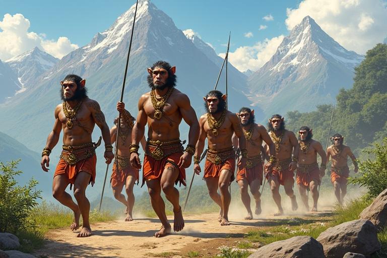 A group of muscular monkey warriors from the Ramayana era marching with spears in hand. They wear ornate golden jewelry and loincloths, showcasing their physiques. Majestic mountains rise in the background, surrounded by greenery. The artwork reflects a rich blend of mythology and imagination