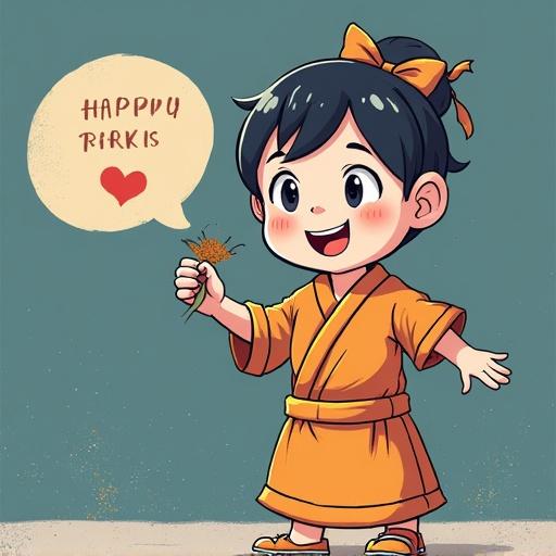 Young girl in an orange outfit with a bow holding a small bunch of grass. She has a big smile and a speech bubble that says 'Happy!'