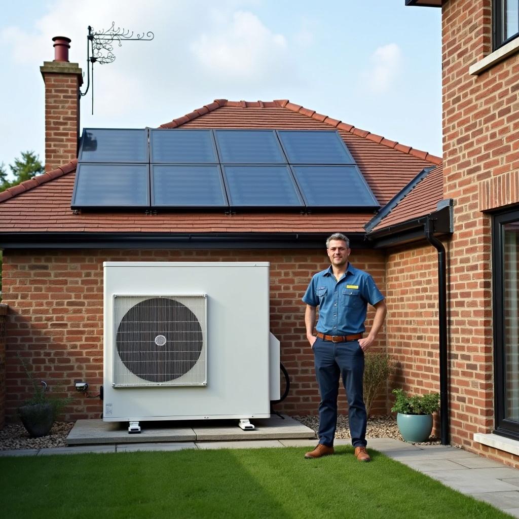 Image shows solar panels installed on a roof and a heat pump next to a UK style home. An engineer stands beside the heat pump. The image represents a new renewable energy system installation.