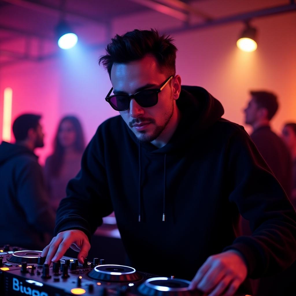 DJ performing at night in a club setting. Focus on mixing console. Wearing sunglasses and a black hoodie. Background features illuminated walls.