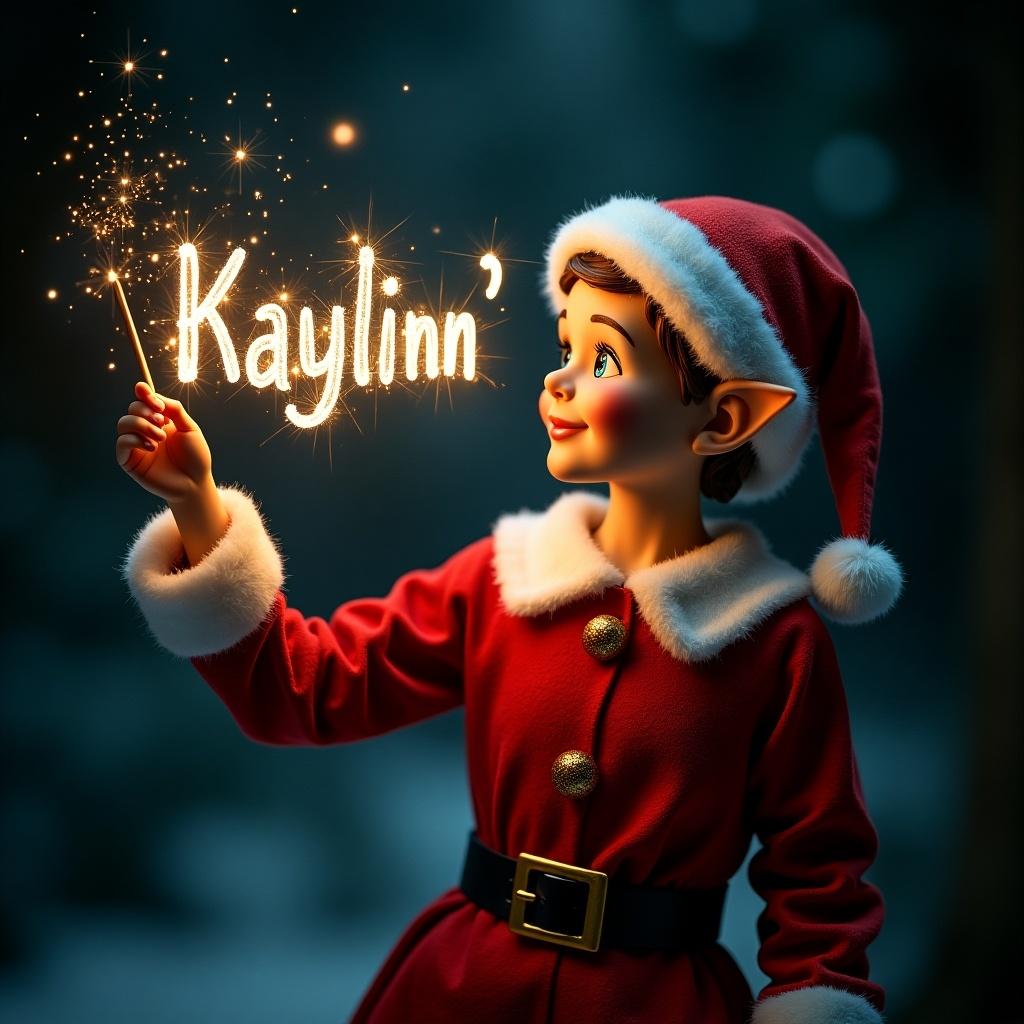 A Christmas elf in red outfit writes 'Kaylinn' with a sparkly wand. The elf has a joyful expression with a Santa hat. Background is dark to highlight the glowing name.