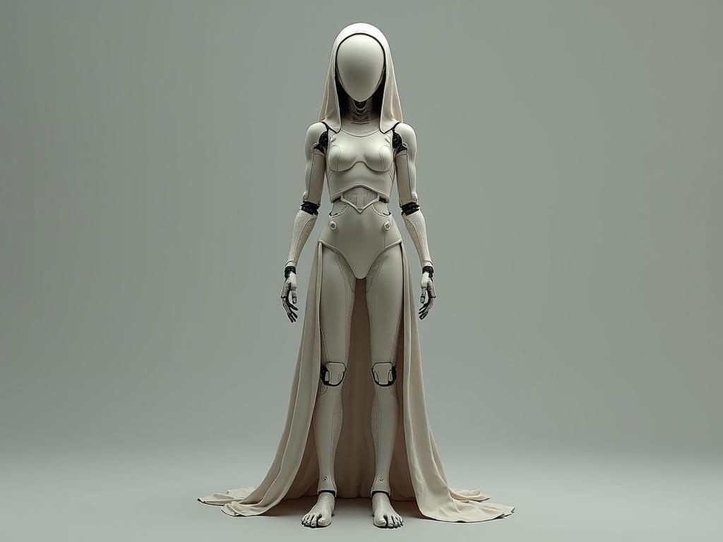 A robot girl designed in an Ava style. Full body view showcases a human face. The figure is dressed in elegant clothes over human-like skin.