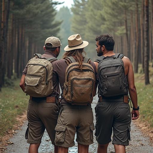 Three hikers are walking down a forest path. They carry backpacks and are immersed in nature. The scenery portrays a lush green forest. Hikers are dressed for adventure. Natural daylight highlights their journey.