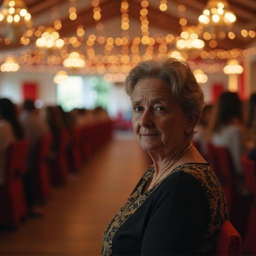 A woman in her 50s sitting quietly inside a decorated wedding hall. Surrounded by celebration she looks detached. Her eyes distant and expression filled with sadness. Joy around her contrasts with her somber introspective mood. She sits alone lost in thought.