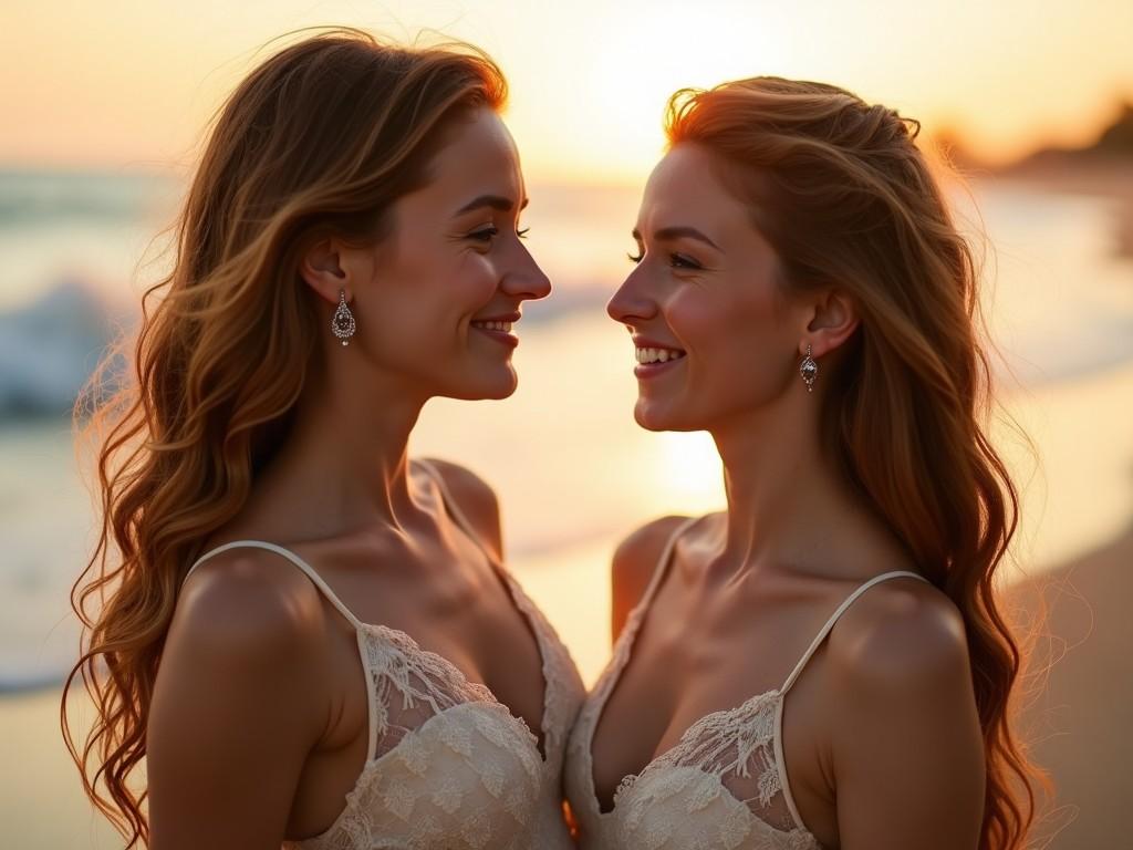 Two beautiful young women are looking at each other. They both have long, wavy auburn hair and are wearing matching cream-colored lace tops. The setting is a beach at sunset, with gentle waves lapping at the shore. The sun is low in the sky, casting a warm golden glow that backlights the women, creating a shimmering sparkle on the water. The woman on the left has lighter hair and small diamond stud earrings, while the woman on the right has slightly darker hair with small dangling earrings. Both have soft smiles and serene expressions. The background is slightly blurred, bringing focus to the women in the foreground, enhancing the romantic and dreamy atmosphere.