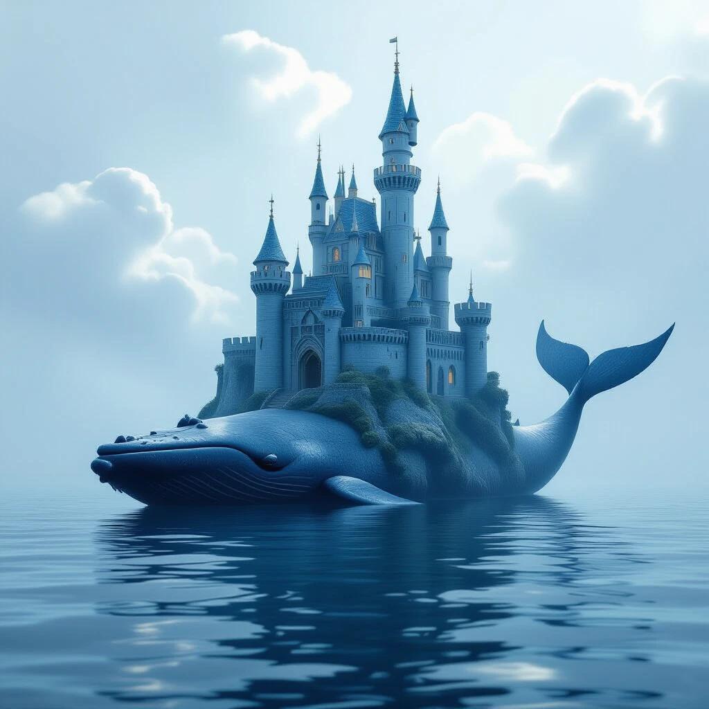A majestic stone castle grows from the back of a sleeping whale floating on a calm ocean. Ethereal style with dreamlike luminosity. Soft glowing atmospheres and misty surrealism. Delicate airy textures and otherworldly elegance. Fluid spectral forms and celestial beauty. Ephemeral compositions.