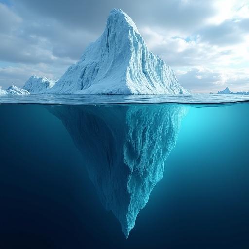 Massive iceberg appears above and below water. Ice formations evident on surface. Underwater view displays a big epic creature in a cold, icy environment.