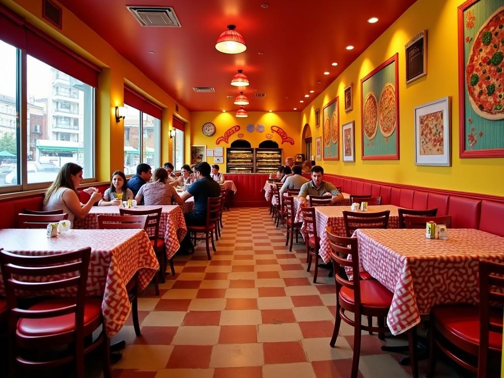 A cozy and lively pizzeria interior with red and yellow decor, featuring families and friends enjoying meals at tables with checkered tablecloths and pizza artwork on the walls.