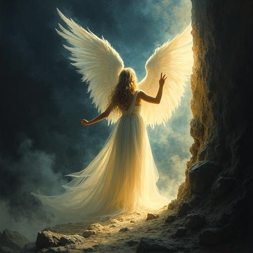 Glowing angel standing in darkness. Angel piercing shadows with light. A female figure in a flowing gown. Ethereal lighting illuminates the scene. Stunning and powerful pose in a grotto-like environment.