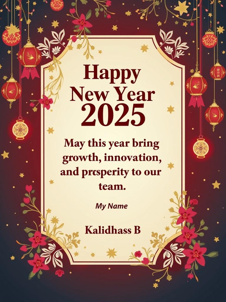 Generate a card that wishes Happy New Year 2025. Include a message for growth innovation and prosperity for the team. Add the name Kalidhass.B at the bottom.