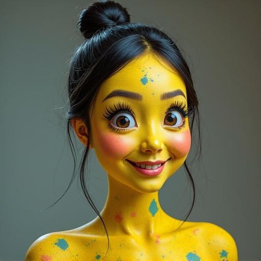 Bust portrait of a woman with yellow bodypaint resembling a cartoon character. Colorful spots are painted on the skin. The woman is smiling with bright eyes. Hair is styled in a bun.