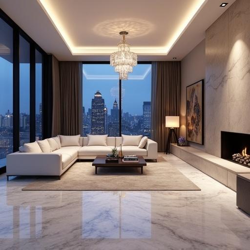 Photorealistic image depicting a luxury penthouse living room. Features include floor-to-ceiling windows showing a city skyline at night, marble flooring, a white leather sectional sofa, a crystal chandelier, a minimalist fireplace, and modern art on the walls. Subtle ambient lighting creates a warm atmosphere. Perspective from the entrance showing the entire space.