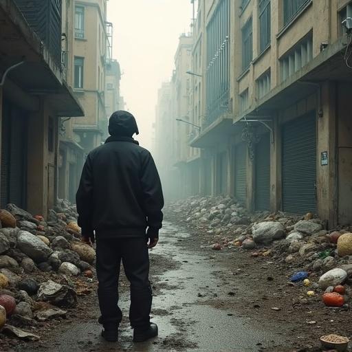 A man stands alone in a deserted city street surrounded by waste. The atmosphere is foggy and dreary. The alleyway is cluttered with debris. The man appears to be searching for something. The environment conveys a sense of neglect.
