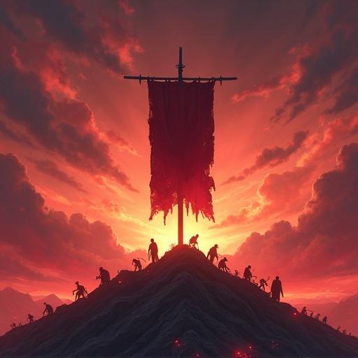 Anime style artwork. Darker warm colors used. Central tattered banner on an iron-black flagpole. Standing on a mountain of corpses. Glowing with fiery red. Sky filled with aflame clouds.