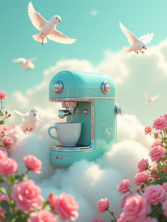 Cyan and silver coffee machine from cloud pink flowers green scenery white birds pastel sky dreamlike surrealism