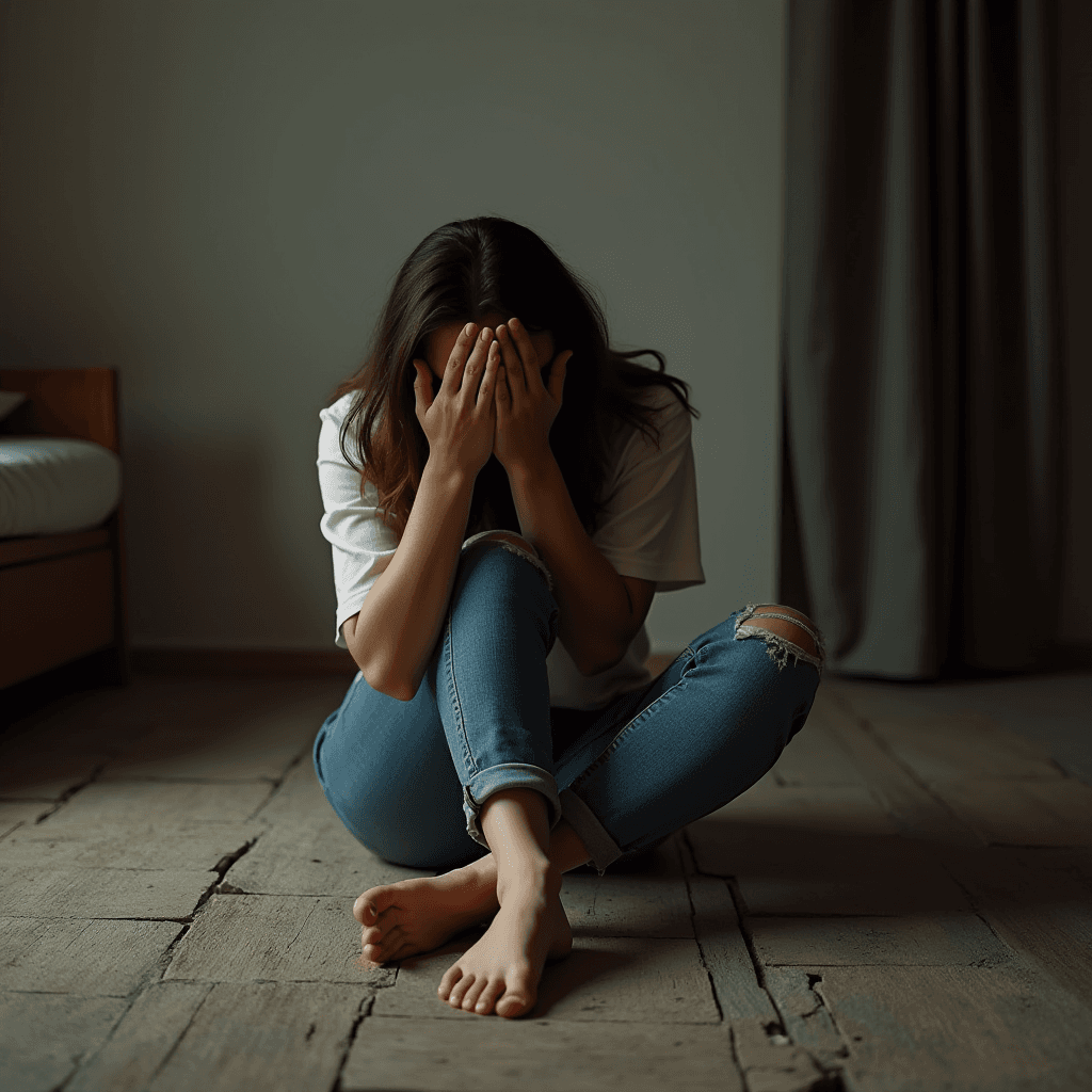 A person sitting on the floor with their face in their hands, appearing thoughtful or upset.