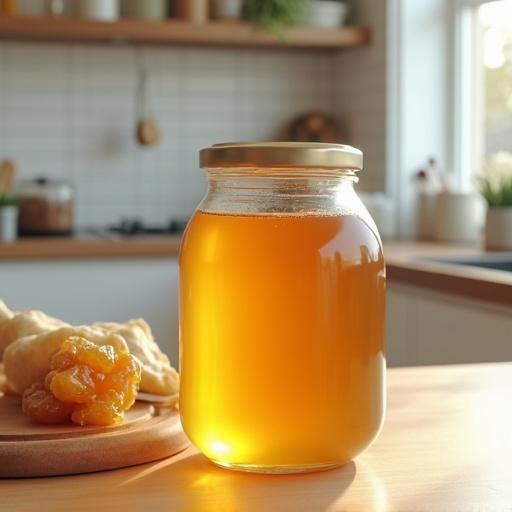 Close-up of a jar filled with honey placed on a wooden countertop in a modern kitchen setting. The background features a clean space with kitchen utensils and warm lighting. The focus is on the honey jar, emphasizing its golden color and texture.