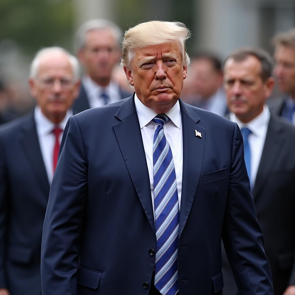 Donald Trump appears at the NATO summit in The Hague.The event takes place at the royal palace.A group of individuals accompanies him.