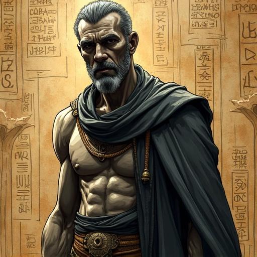 Bold ink outlines feature a muscular man with ash-gray skin. Soft warm lighting enhances the artwork. Dramatic shadows and a cinematic composition create depth. Detailed textures lend realism to the art style. Background displays ancient papyrus inscribed with mystical runes. Inspired by the artistic style of Alberto Mielgo.
