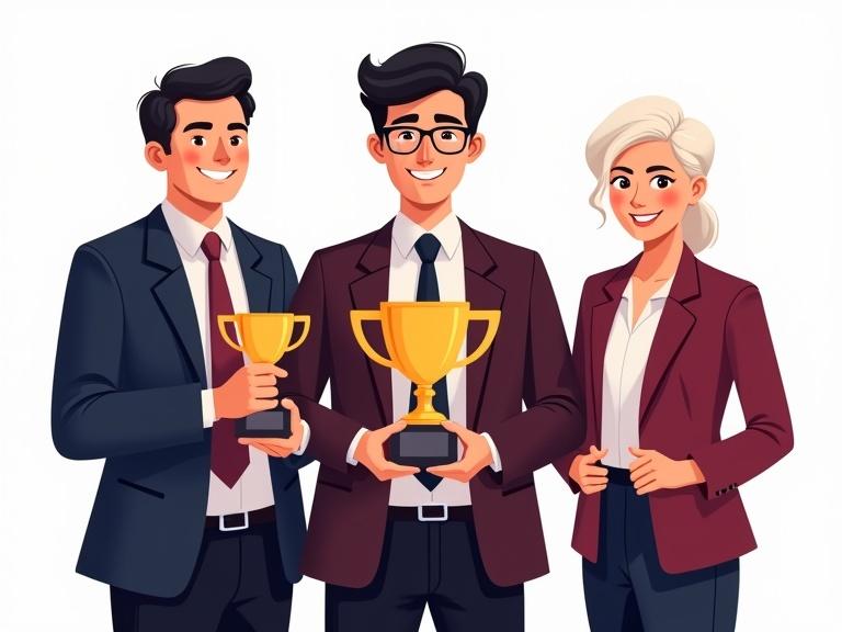 Illustration of three adults in professional business attire celebrating achievement. Short Italian man with trophy on left, older Malaysian man with large trophy in center, young blonde woman with medium trophy on right. All are smiling as a unified team. Color palette with rich maroons and navy blues. Fully transparent background.