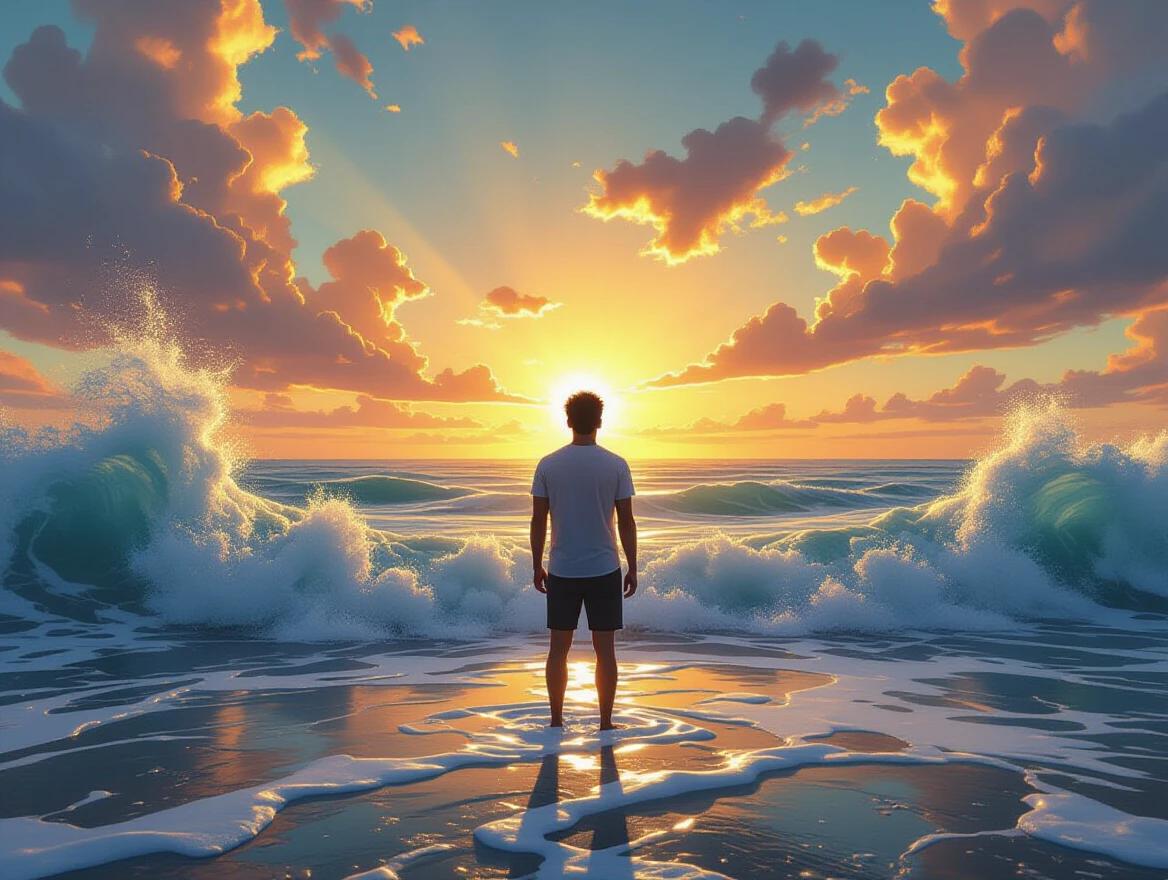 A gay man stands at the shoreline. He is filled with sunlight. Waves of energy surround him. The sky is dramatic with clouds and sunset colors.
