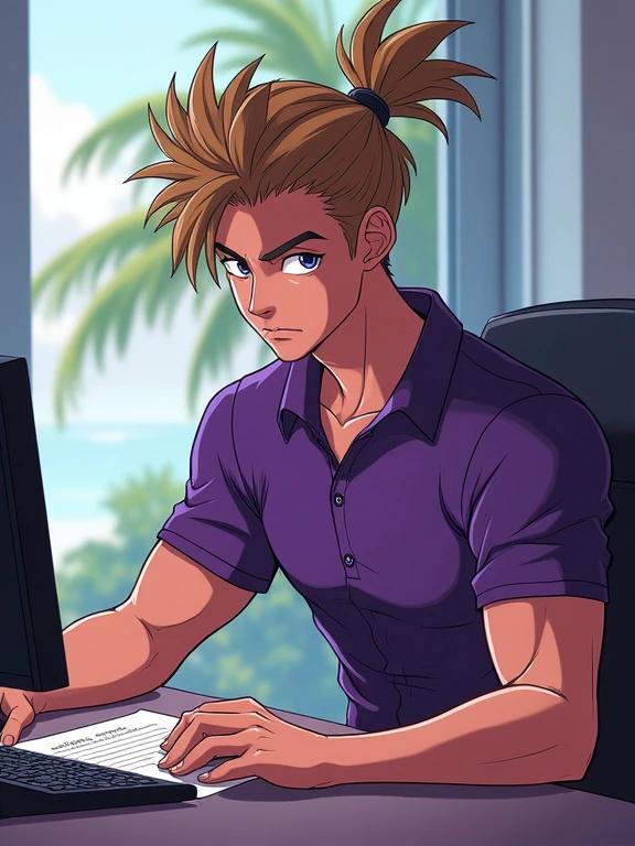 Anime teen boy studying for exam in luxurious bedroom. He has spiky light brown hair and wears a purple polo shirt. The setting is modern with a desk. Afternoon light comes through a window. The boy is focused on his study materials at the table. Tall and athletic with a confident posture.