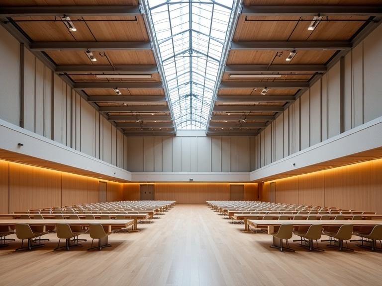 Design large multipurpose hall with modern aesthetic. Suitable for conferences weddings exhibitions gatherings. Hall features high ceilings with exposed beams or lighting. Incorporate neutral color palette with warm accents. Include flexible seating for 500 people with modular furniture. Flooring is polished hardwood or high-quality vinyl. Add large windows and skylights for natural light with adjustable LED lighting. Include advanced acoustics with sound-absorbing panels built-in AV systems retractable screens and a stage area. Ensure storage for equipment and discrete access points. Add movable partitions for breakout spaces. Include energy-efficient lighting and ventilation systems. Design is open functional adaptable with modern elegance and practicality.