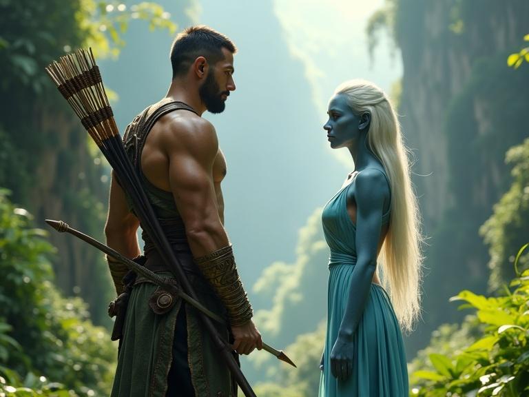 A muscular warrior with bronze armor and bow stands facing an alien woman with platinum hair and glowing skin. She wears a sky blue dress. They are in a green jungle valley with steep cliffs. Sunlight filters through the foliage. Their eyes meet intensely. The image is ultra-realistic and dramatic.