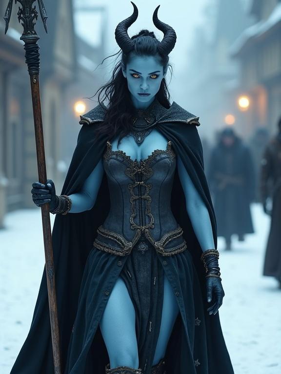 Fantasy aesthetic with a young devil woman. She has brilliant blue skin and curled black horns. Dressed in a detailed sleeveless corset dress with a split skirt. A heavy black cape drapes her back and shoulders. She carries a long lance wrapped in black cloth. Walking through a snowy medieval village during winter.