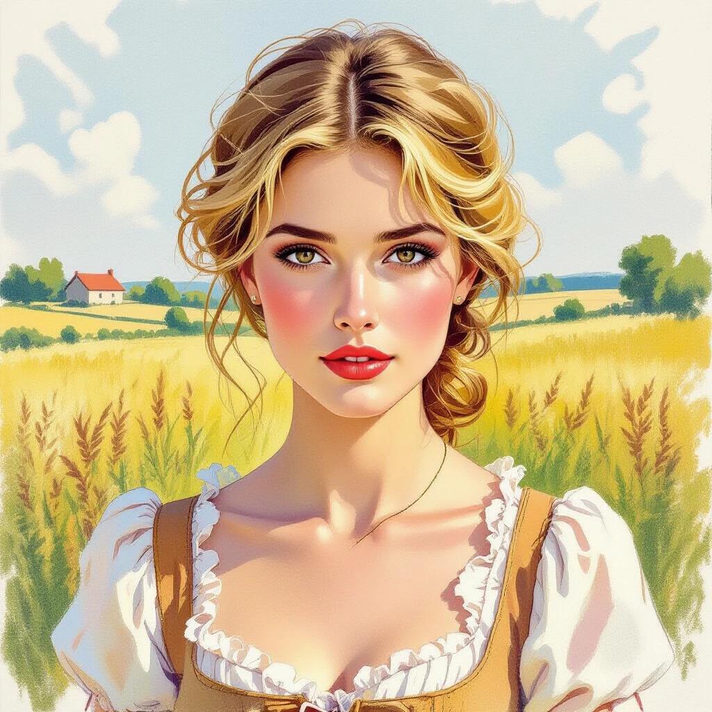 A sketch illustration drawn in oil pastels depicting a countryside woman from the nineteenth century with delicate features and blonde hair. The background features fields and a house in a rural setting, embodying a warm atmosphere. The woman's gaze is intense and magnetic as she captures the viewer's attention.