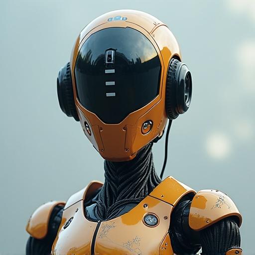 A detailed robot with a sleek design. The robot features an orange helmet and an intricate body. Digital futuristic style with a focus on advanced technology.