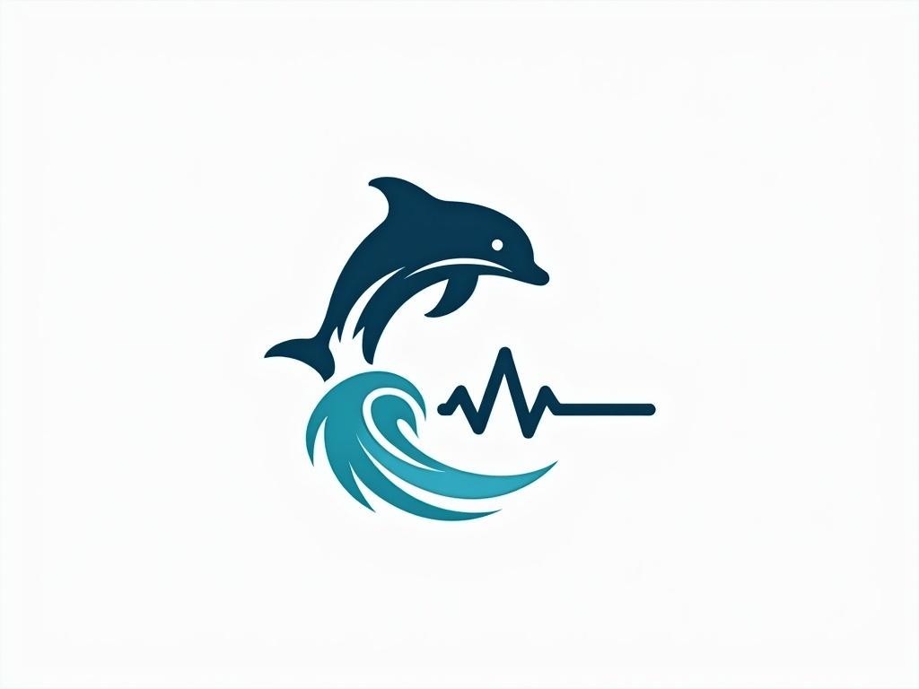 Dynamic, stylized dolphin icon leaping over a combined EKG pulse line and ocean wave. EKG line and wave as a single element. Two-tone blue color palette against a white background. Design is clean and suitable for branding. Flat design.