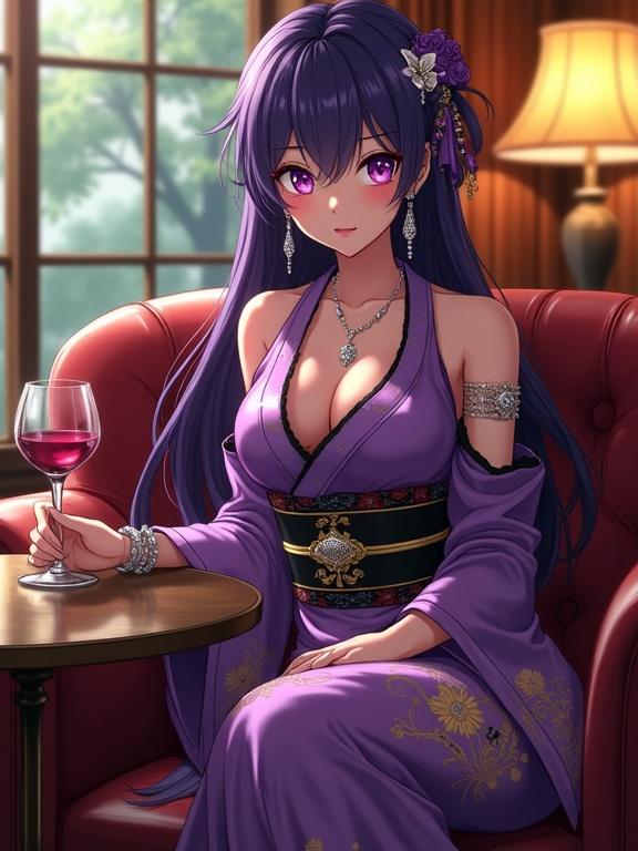 Anime lady seated in retro lounge. Wearing a shiny violet kimono with gold floral patterns. Elegant leather sofa in vintage style. Glass of wine on table beside. Long violet hair with accessories. Elegant pose with crossed legs. Warm golden lighting enhances ambiance. Scenic view of trees through window. Captivating and mysterious charm around her.