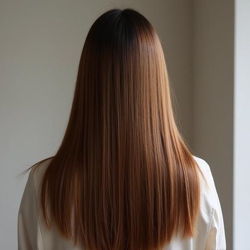 Back view of a head showcasing beautiful Japanese straight hair. Hair shines brightly under soft lighting. Long and smooth appearance.
