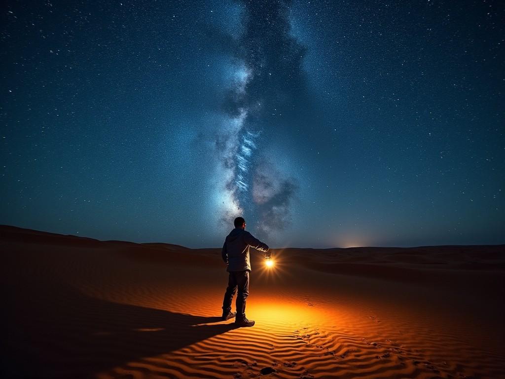 A person holding a lantern walking through a desert at night with the Milky Way visible in the sky.