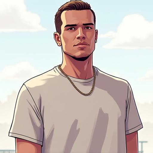 Digital illustration of a white male character styled in the Grand Theft Auto video game art. Character faces the camera directly. Character wears a solid color t-shirt and has no accessories. Light illuminates from the right side. Focus on a comic art style with a limited 4-bit color palette.