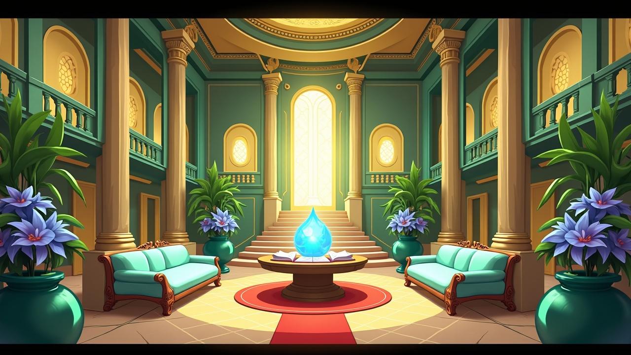 A grand, luxurious atrium with ornate columns and opulent decor, featuring a glowing blue crystal on a round table. The room is adorned with large potted plants with purple flowers and elegant teal furniture. Warm light floods through an arched window at the back.