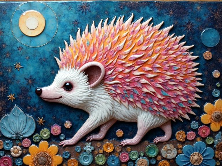 3D iridescent ceramic tile and glass mosaic of an adorable hedgehog designed with colorful quills against a decorative background