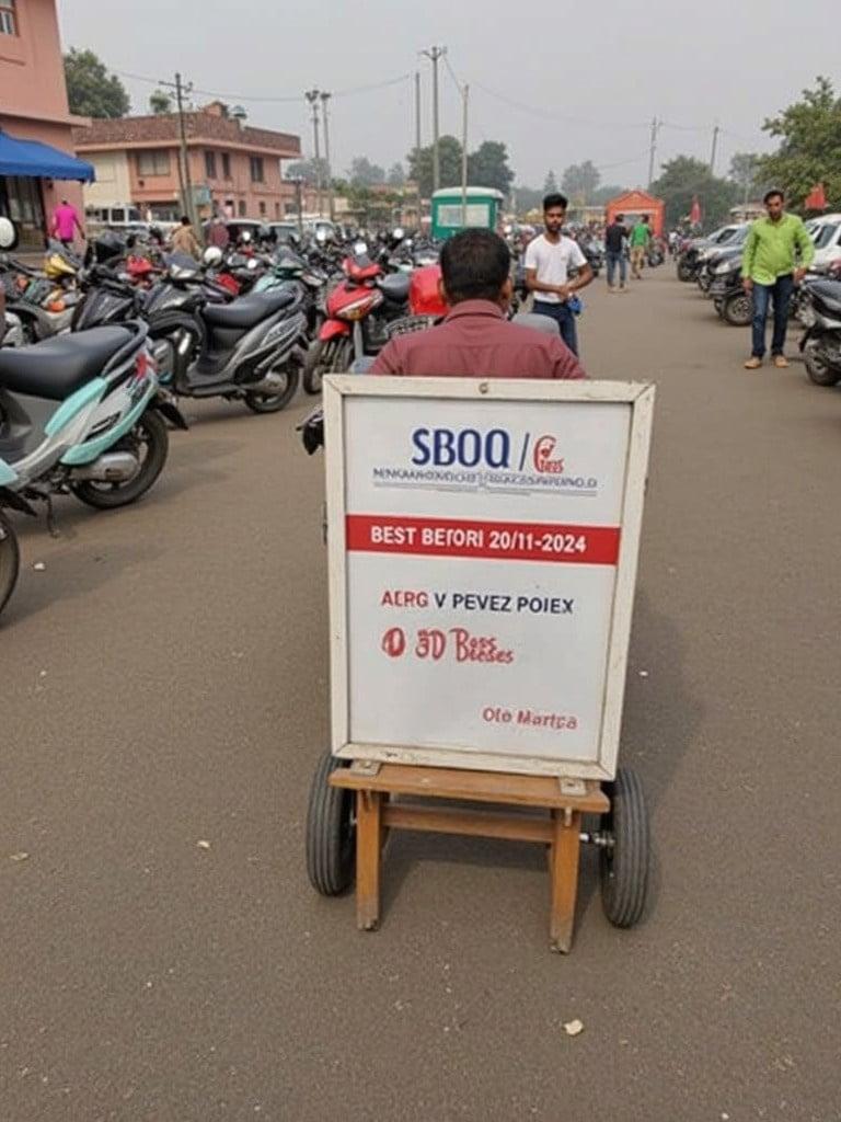 Image shows a food product sign on a cart in a parking area. Sign provides information on best before date and manufacturing details. Signs advertising a price including taxes appears.